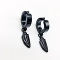 Sleek black titanium steel clip-on hoop earrings featuring textured feather charms - Feather Pendant Black Clip (X312-G)