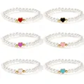 Juego de pulseras de perlas de estilo francés con coloridos dijes de corazón retro - Colección de 6 Piezas
