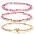 Elegante conjunto de pulseras de cristal rosa y cuentas doradas con dije de corazón - Juego de 3 Pulseras