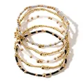 Set mit 5 handgemachten böhmischen elastischen Perlenarmbändern in Gold, Silber, Schwarz, Weiß - Schwarz Weiß Gold Silber Glasperlen Gewebt / Schwarz Weiß Gold Silber (FG-S24062801B)