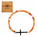 Pulsera artesanal de cuentas naranjas 6mm con cruz negra y tarjeta de bautismo - Embalaje de cartulina incluido / Naranja (B-B24092005A)
