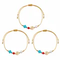 Hand-woven gold cord bracelets with decorative pearls and turquoise cross beads. - Hand Woven Totem Beaded Rope Bracelet (S26063002A)