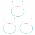 Set of three handmade blue seed bead bracelets featuring a central pearl and pink adjustable cord - Light Blue Pink Cord Style (S26062903D) / Set of 3 / Light Blue/Pink Cord