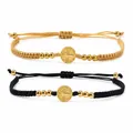 Pulseras tejidas ajustables hechas a mano medalla San Benito en cordón dorado y negro - Juego Mixto (S26070209F)