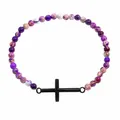 Pulsera religiosa hecha a mano con cuentas jaspeadas moradas y un colgante de cruz negra - Púrpura Texturizado (B-B24092005G)