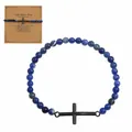 Pulsera de cuentas de piedra natural azul con cruz de metal negro y tarjeta de bautizo - Embalaje de cartulina incluido / Azul Profundo (B-B24092005I)