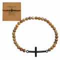 Pulsera religiosa con cuentas naranjas de 6 mm y cruz negra sobre tarjeta de bautismo - Embalaje de cartulina incluido / Marrón Naranja (B-B24092005J)