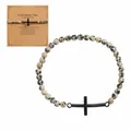 Pulsera artesanal de jaspe dálmata con cruz negra para regalo de bautismo religioso - Embalaje de cartulina incluido / Textura Moteada (B-B24092005K)