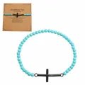 Pulsera de cruz con cuentas turquesas de 6mm con tarjeta de regalo de bautismo - Embalaje de cartulina incluido / Azul Cielo (B-B24092005L)
