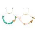 Hand-beaded double-layer bracelet with vintage cross and coin pendants in teal and pink - Double Layer Beaded (S26062908C) / Blue & Pink