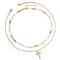 Bohemian double-layered necklace with colorful beads, pearls and gold cross pendant. - Layered Cross Necklace (B-S25120205A) / Colorful