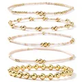 Bohemian 5-piece stackable bracelet set with gold copper beads and cream seed beads - 5-Piece Set Style (JS-S25080401A) / Five-Piece Set