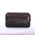 Detail view of men's brown synthetic leather waist bag with double zippers and textured finish. - Coffee