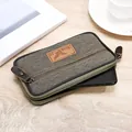 Detailed view of a green canvas men's phone pouch on a wooden table - Single Layer / 17.5cm / Green