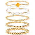 Elegant 5-piece gold beaded and pearl bracelet set with amber cross charm - Amber Cross Set (JS-S25121701A) / Five-Piece Set