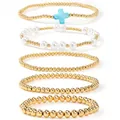 Exquisite 5-piece gold beaded bracelet set featuring white pearls and a blue cross charm - Light Blue Cross Set (JS-S25121701B) / Five-Piece Set