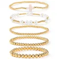 Elegant 5-piece set of gold bead and white pearl stretch bracelets for stylish women - Pink White Cross Set (JS-S25121701C) / Five-Piece Set