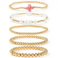 Set of 5 gold beaded bracelets with white pearls and red cross charm for daily wear. - Red Cross Set (JS-S25121701D) / Five-Piece Set