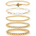 Set of 5 gold beaded bracelets featuring white pearls and a minimalist cross charm charm - Shiny Gold Cross Set (JS-S25121701E) / Five-Piece Set