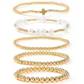 Set of 5 gold beaded bracelets with pearls and cross charm for daily fashion outfits - Gold Cross Set (JS-S25121701F) / Five-Piece Set