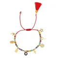 Rode koordarmband met boze oog, gekleurde glaskralen en gouden bedeltjes - Gouden Multi-Hanger Beer Stijl(JS-B23063002A)