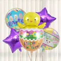 Vrolijke Pasen folieballonnenset met schattig kuiken in eierschaal en paarse sterren - Set 5 (Uitkomend Kuiken Ster Ei Combo)