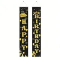 Gold glitter Happy Birthday hanging banner set with black background and decorative crown. - Black Gold Birthday Cake Balloon Style / 180x30cm