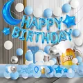 Set de globos de cumpleaños azul y blanco con globos de luna, estrella y jarra de cerveza - Tema Azul (HY9721) / Juego de Cadena de Globos / Serie Azul