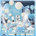 Blue and white 18th birthday party balloon kit with silver numbers and large bow decoration - Light Blue White Theme Style (HY02)