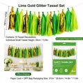 Premium lime green and gold paper tassel garland set for festive party decorations - 15 Pcs / Lime Gold Sparkle Tassel Garland