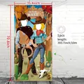 Western cowboy party photo backdrop banner with face cutouts and hanging ribbon - Cowboy Wild West / 180x90cm (Includes 10m Ribbon)