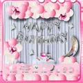 Pink and white birthday balloon arch kit with silver Happy Birthday foil letters - Pink White Sequin Style (HY05) / Includes Card Glue Dots and Chain