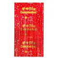 Red and gold Feliz Cumpleaños Spanish birthday party fringe curtain with star patterns - Tassel Style / Red