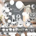 Elegante kit de arco de globos para 18 cumpleaños en plata y blanco con estrellas y luna de papel - Estilo Tema Plata Blanco Gris (HY07)