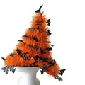 Halloween orange tinsel witch hat decorated with black bats and trick or treat text - Orange Halloween Bat Hat