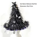 Decorative Halloween witch hat featuring black tinsel and silver skull accents for parties - Halloween Skull Hat