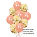 Detail view of a 10-piece set including 5 rose gold latex and 5 gold confetti balloons - Gold Sequin and Rose Gold Latex / 10 Pieces Pack / Gold + Rose Gold