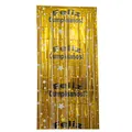 Golden metallic tinsel fringe curtain featuring Feliz Cumpleaños Spanish birthday print - Tassel Style / Gold