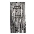 Silver foil fringe curtain featuring black Feliz Cumpleaños Spanish Happy Birthday print - Silver