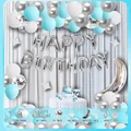 Blue and silver birthday balloon garland kit with Happy Birthday foil balloons - Sky Blue White Silver Style (HY11) / Includes Card Glue Dots and Chain