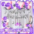 Purple and pink balloon garland kit with silver Happy Birthday foil balloons and moon - Purple Pink White Style (HY12) / Includes Card Glue Dots and Chain