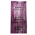 Metallic pink birthday tinsel curtain with Spanish Feliz Cumpleaños text and stars - Purple