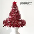 Festive red Christmas tree tinsel hat featuring star topper and white snowflake decorations. - Christmas Red Snow Hat