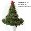 Christmas tree party hat with green pine needle texture and red star decorations - Red Star Pine Needle Hat