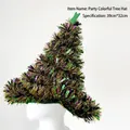 Festive Christmas tree shaped party hat featuring shiny green and gold tinsel decorations - Party Colorful Tree Hat