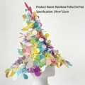 Festive rainbow polka dot witch hat with colorful tinsel decoration for parties - Rainbow Polka Dot Hat