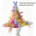 Colorful festive Easter tinsel tree hat decorated with bunny topper and Easter egg motifs - Easter Egg Hat