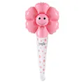 Detailed view of a pink flower-shaped aluminum foil balloon with a cute smile on a floral handle. - Medium Wand Smiley Daisy / Pink