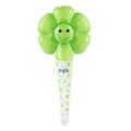 Detail view of a green smiley flower cartoon aluminum foil balloon handheld wand - Medium Wand Smiley Daisy / Green