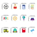 Back-to-school theme decorative toppers set dimensions with various school-related icons - Back To School Cake Toppers (DAC200) / Set of 12